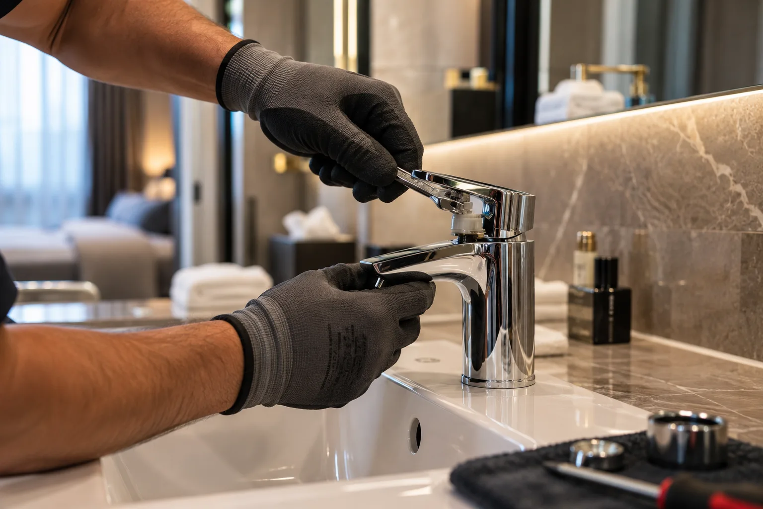 Haustechniker behebt einen Defekt im Hotelflur – Hausmeisterservice der DAIA GmbH