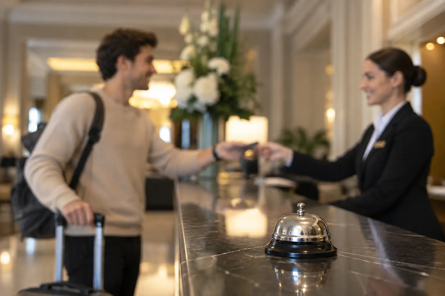 Empfangsmitarbeiterin beim Check-in eines Hotelgastes
